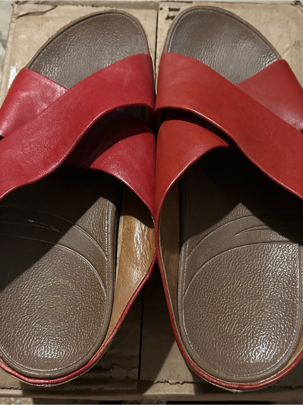 FitFlop Women’s Red Crossover Slide Sandals with Brown Footbed